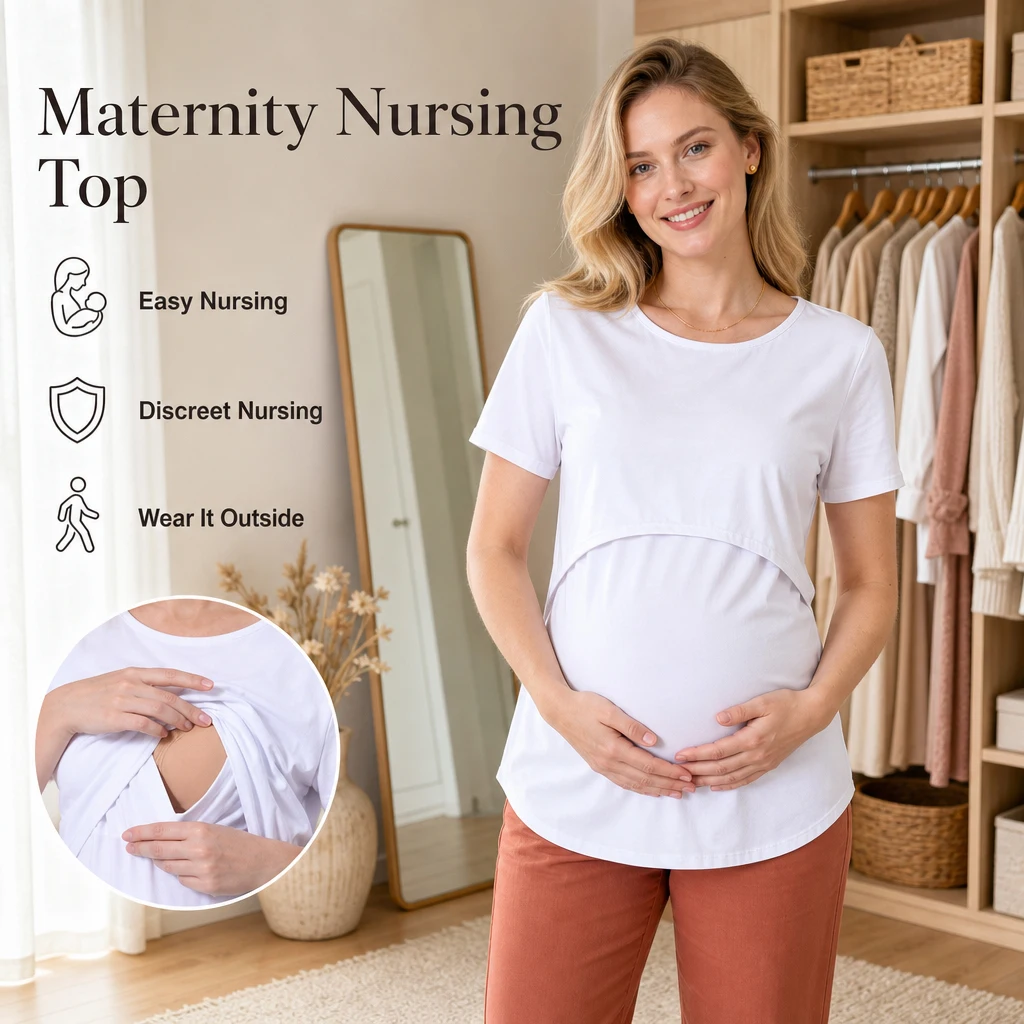 Maternity Nursing Top Short Sleeve Cotton Lift Up Layer Breastfeeding T-shirt Casual Pregnancy Postpartum Shirt for Women