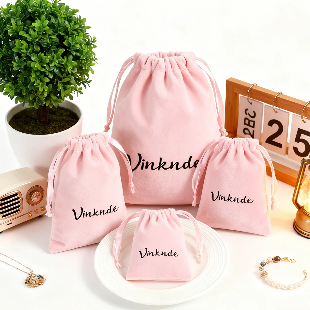 

100Pcs Luxury Pink Velvet Bracelet Drawstring Dust Bag Custom Logo High Quality Packing Jewelry Gift Cosmetic Velvet Pouches