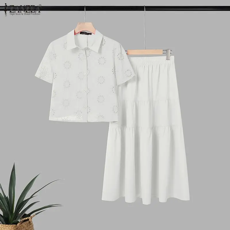 ZANZEA Elegant Women 2 Piece Sets Summer Outfits 2026 Stylish Short Sleeve Hollow Out Shirt Dress Sets Solid OL Work Skirt Suit