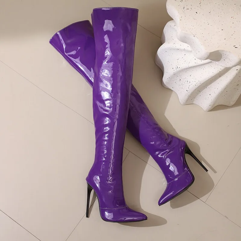 New Sweet Candy Color 12cm High Heels Over Knee Boots Women Fashion Steel Tube Dance Pointed Thin Heel Long Boots Size 35-48