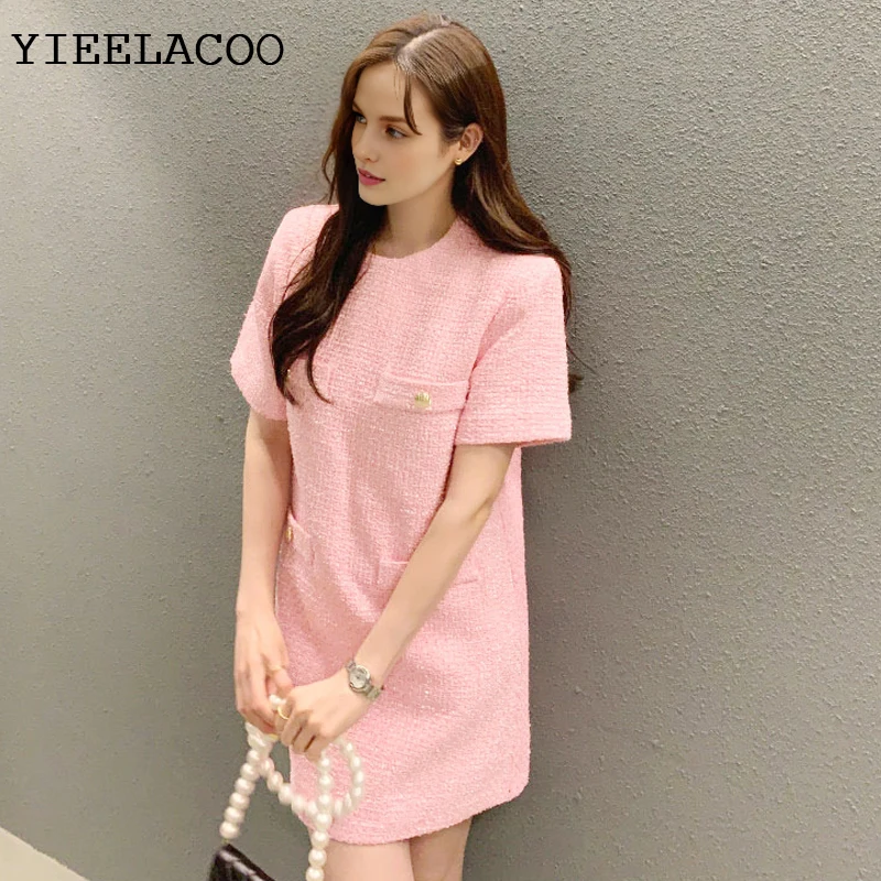 

Tweed dress Pink spring / autumn women's dress tassel ladies slim bottoming dress one-piece