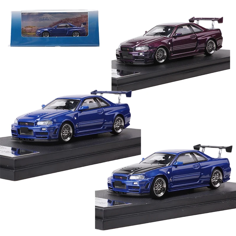 Diecast 1/64 escala nissan skyline gtr r34 modelo de carro nissan skyline liga modelo de carro brinquedos para meninos caixa original