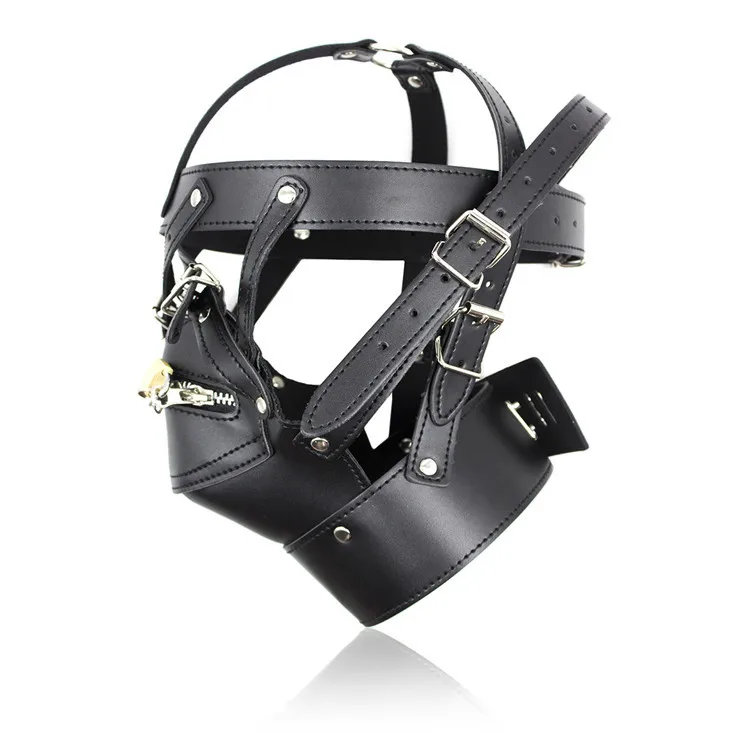 Testa in pelle PU Cappuccio Imbracatura Bocca con serratura Maschera con cerniera Lucchetto Giocattoli sessuali BDSM Bondage Copricapo Schiavo Restraint Gioco per adulti