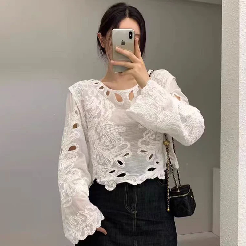 

2026 Spring Summer Long Sleeve Pullovers Tops Fashion Hollow Out Shirt Korean Women Embroidery Blouse