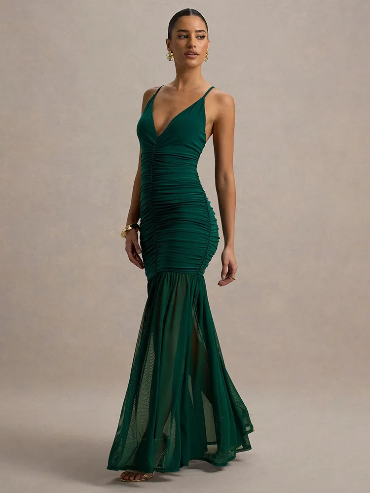 Absobe Sheer Mesh Pleated Spaghetti Strap Maxi Dress Women's Sexy Deep V Neck Backless Slim Bodycon Long Dress Elegant Partywear