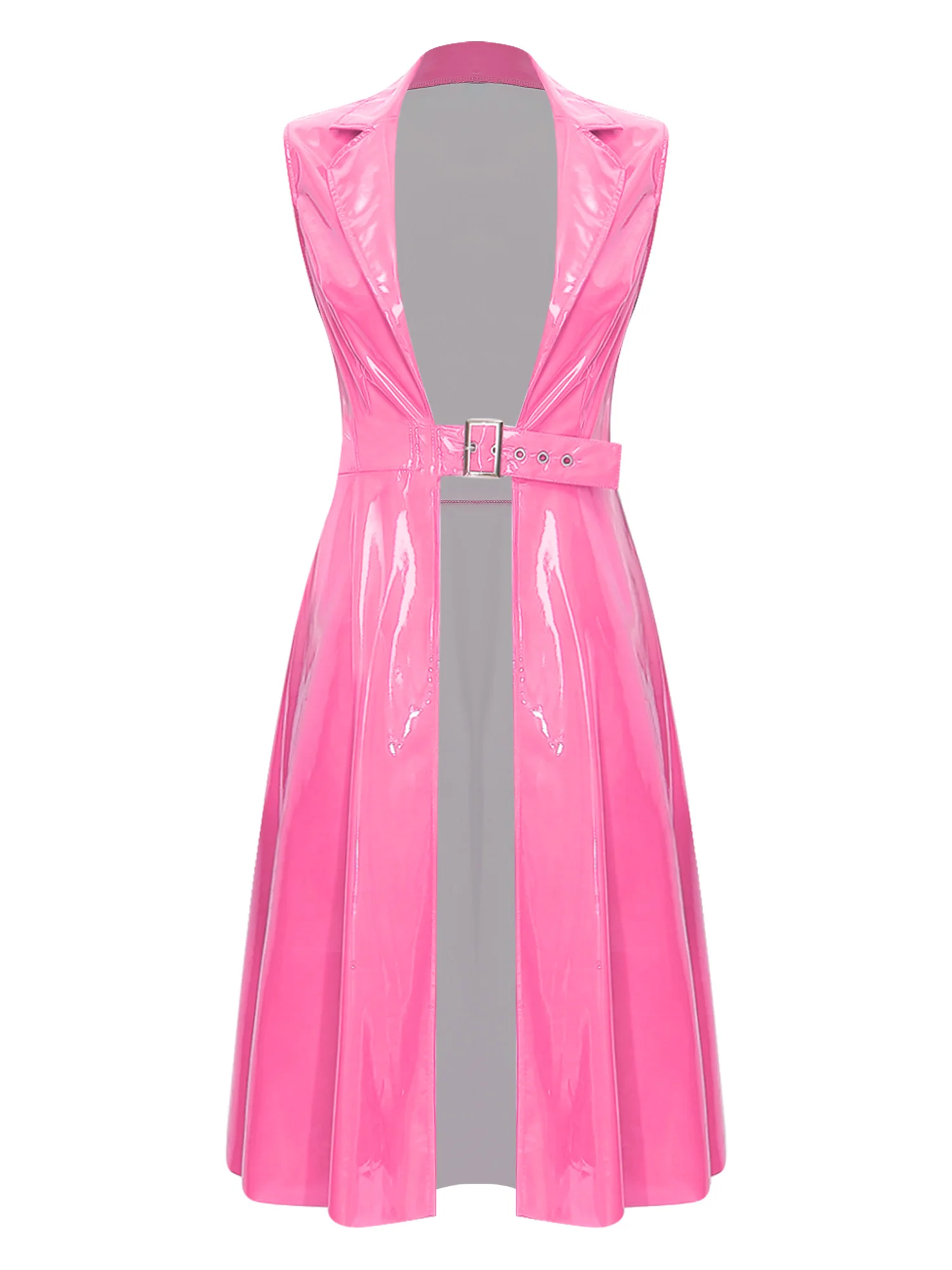 Women Shiny Glossy PU Punk Sleeveless Trench Coat Lapel Open Front Waist Jacket Stretchy Sexy for Cosplay Party Club Rave Night