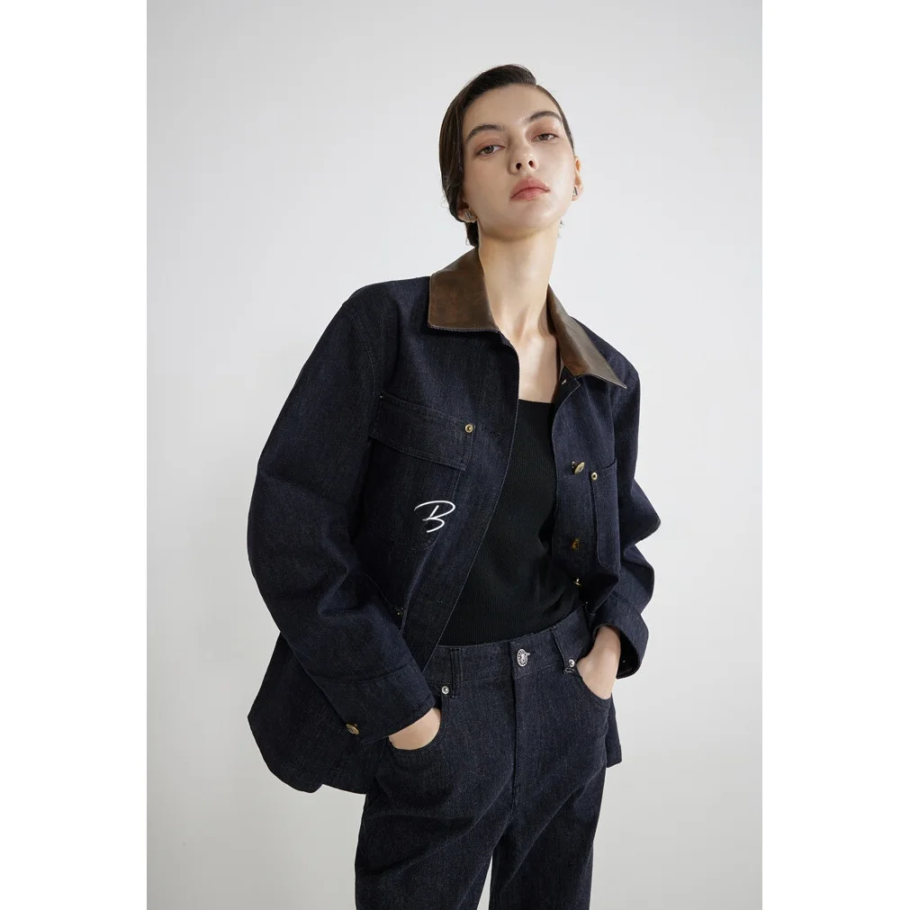 QPP Commuter Sle Patchwork Leather Jaet Mantel Wanita Kerah Lipat Atasan Pelangsing Detail Kancing Panjang