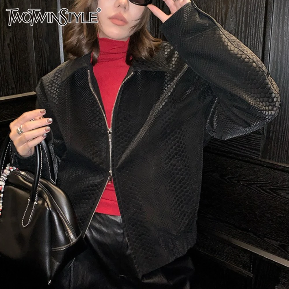 

TWOTWINSTYLE Black Spliced 3D Snake Pattern Jacket Female Lapel Long Sleeve Loose Streetwear Women's Jackets Autumn Fashion New