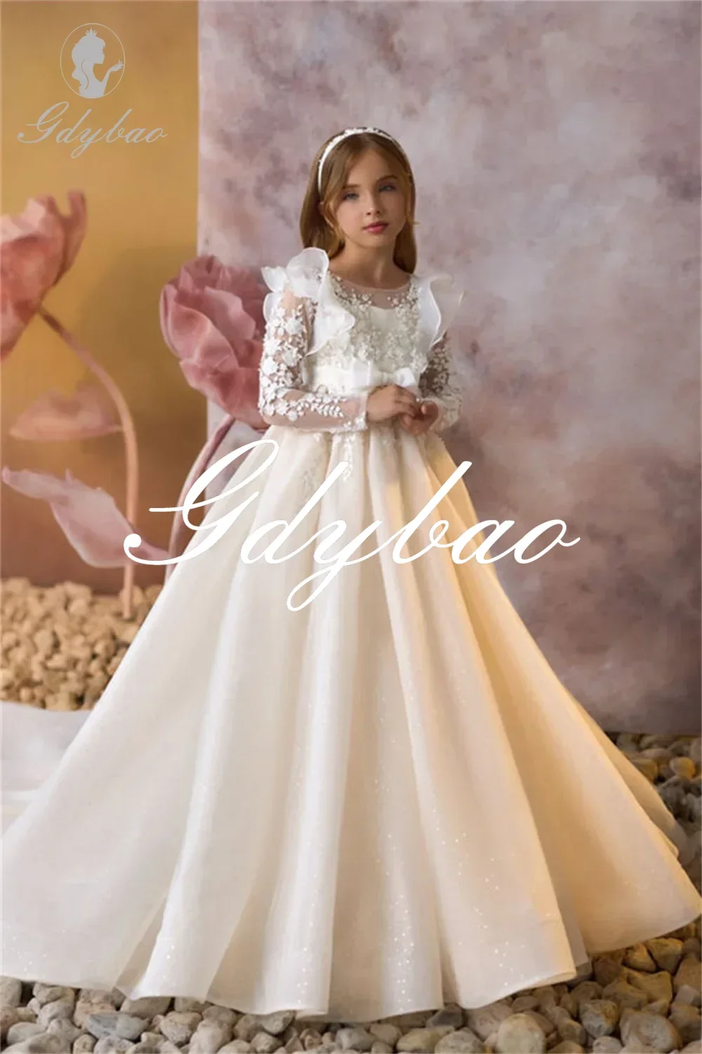 

Wedding Beading O Neck Pleat Flower Girl Dress Long Sleeve A Line Floor Length Long Ball Formal First Communion Gown Customized