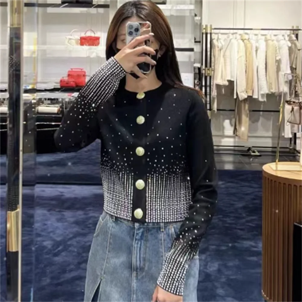 

Drill knitted cardigan women's autumn new round collar coat long-sleeve Single-breasted sweater coat