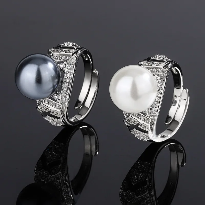 

S925 Silver Plated 18K Gold Plated PT950 Platinum Pearl Fashion Diamond Ring 12mm Jewelry