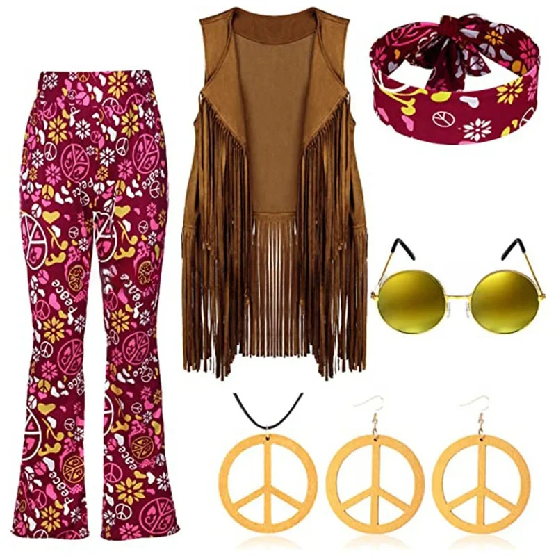 

Women 60s 70s Hippie Disco Cosplay Costume Peace Love Girls Hip Indian Tassels Hippie Vest Cardigan Halloween Carnival Party Cos