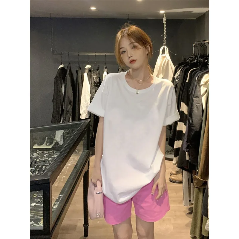 

Pure Cotton Short Sleeved T-shirt for Women Loose and Versatile Round Neck Oversized Top Black and White Couple Summer clothing