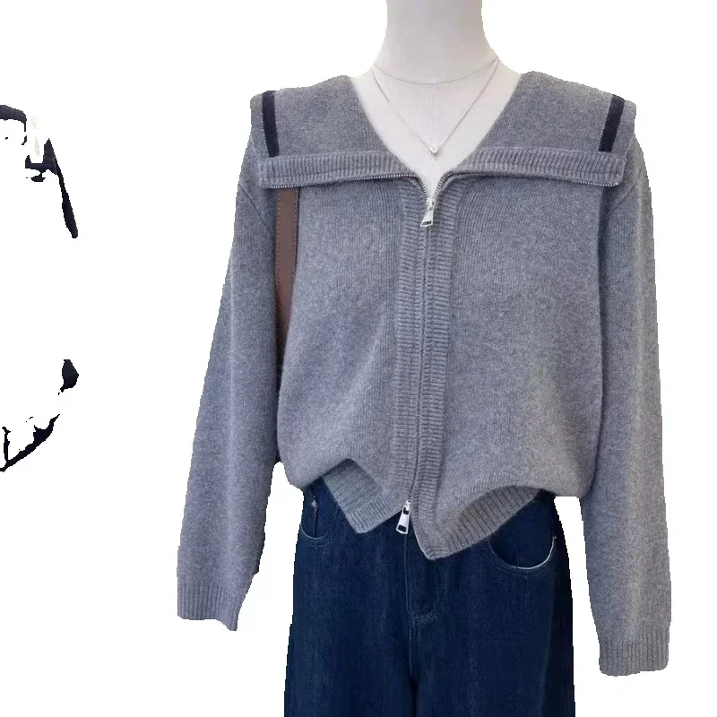 Automne hiver pull court femmes 2025 nouvelle mode ample tricots de couleur Pure fermeture éclair grande taille vêtements d'extérieur femme