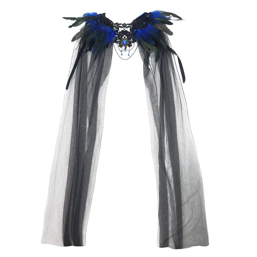 Black Halloween Feather Cloak Elegant Mesh Fringe Hollow Lace Mesh Cape Flowing Fur Collar Festival Costume Cape Dance Cloaks