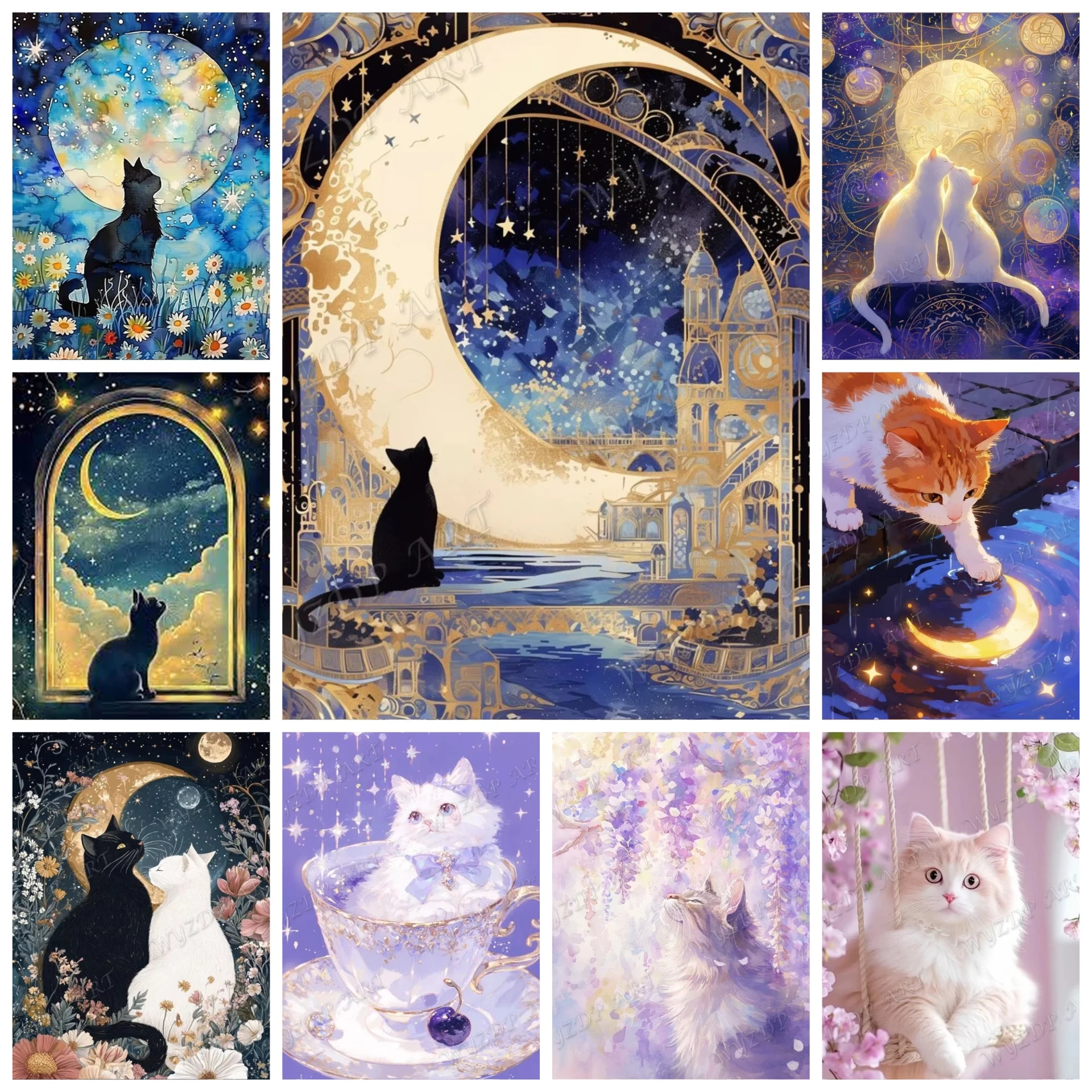 Diamantmalerei, Katze, Mond, quadratisch, Diamant-Stickerei, Tier-Wandkunst, Stich-Diamantkunst, vollständige Kristalldekoration