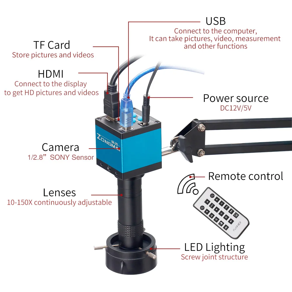 ZONGMAI 1080P 2K FULL HD Industrial Microscope True 16 Million Pixel C-Mount Digital Camera  For PCB Soldering Phone Repair