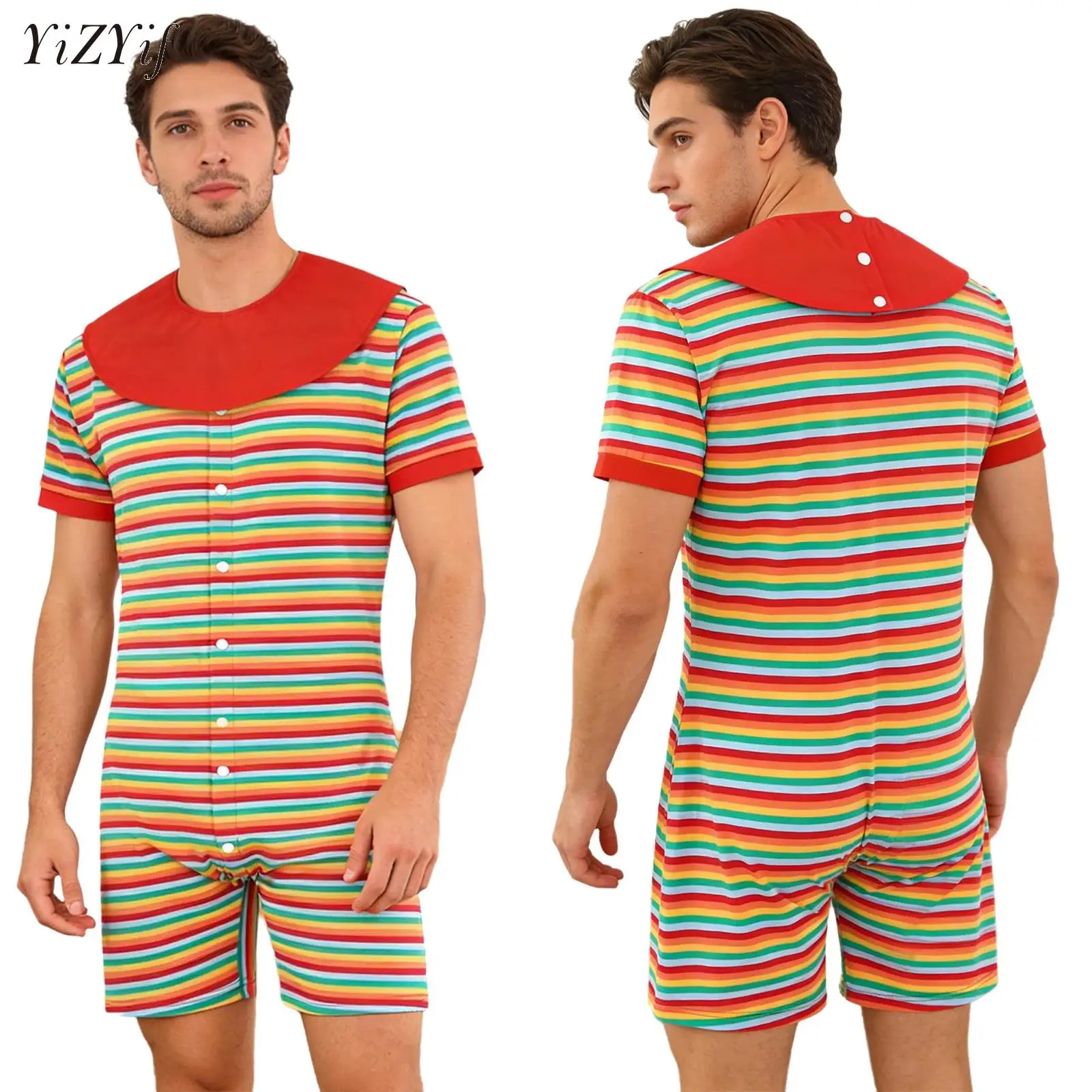 Mens Button Down Pajama Long Sleeve Round Neck Color Block Jumpsuit Nightwear For Adults One-piece Loungewear Nightgown for Home