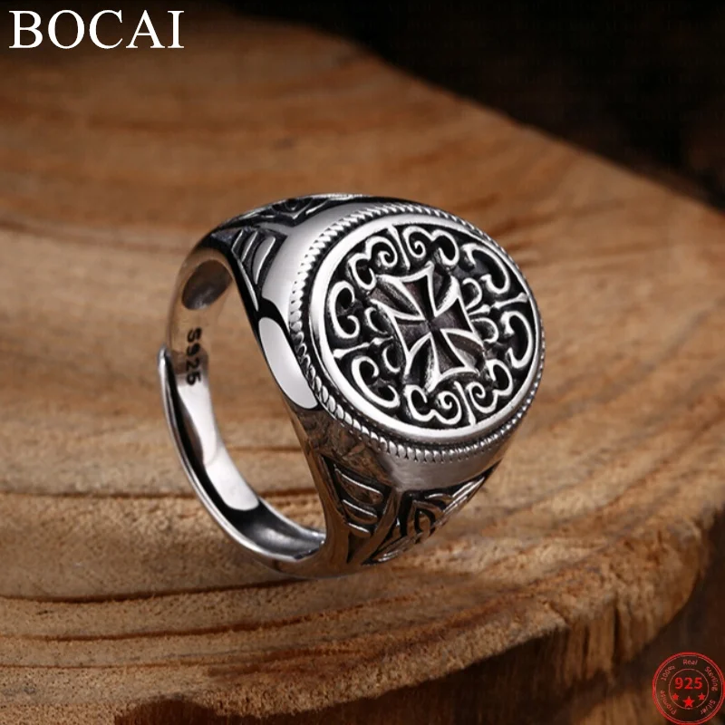 

BOCAI S925 Sterling Silver Charms Rings for Men Women Emboss Eternal Rattan Cross Pattern New Fashion Punk Jewelry Free Shipping