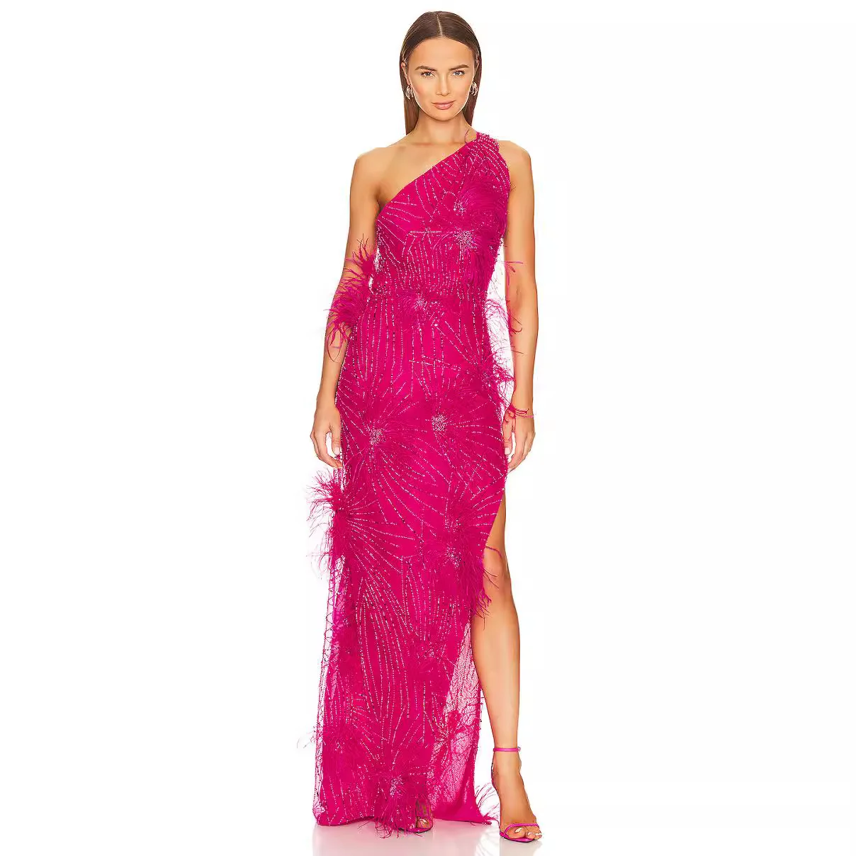 

2024 Women's Handmade Beaded Dresses Evening Diamonds Luxurious Sleeveless Sequined Feather Slit Backless Long Elegant Dress