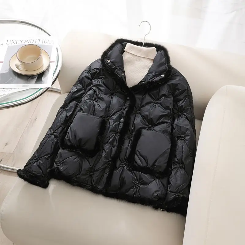 Mink Hair Embroidered Light and Thin Down Jacket for Women\'s Short Standing Collar Large Pocket Jacket Autumn/winter New Lingge