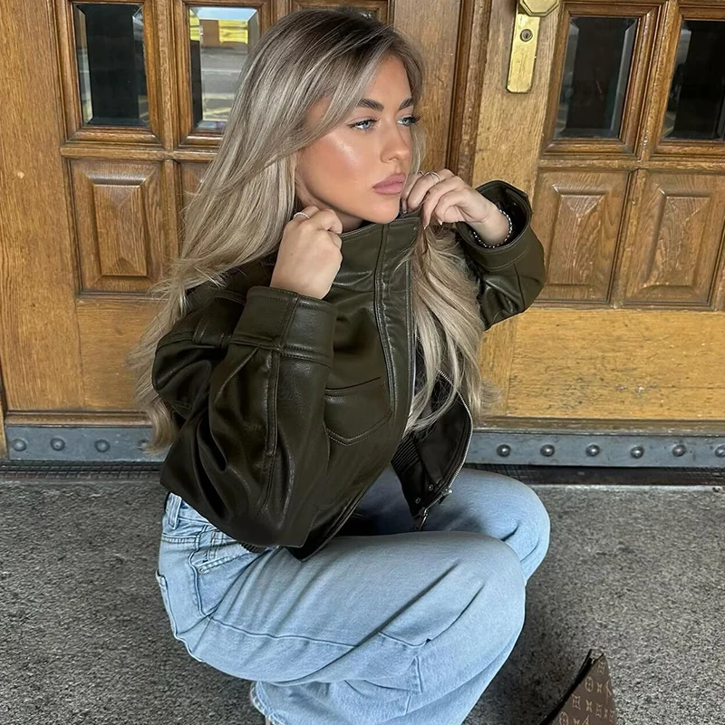 TFMLN, chaqueta recortada de piel sintética para mujer, abrigos Vintage gruesos de manga larga con cremallera para invierno 2025, ropa de calle para mujer