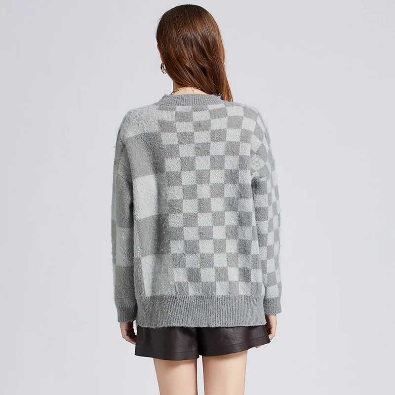 2023 New Autumn Winter Women Loose Pullover Sweater Retro Irregular Checker Board Jacquard Mohair Gray Knitted Sweater