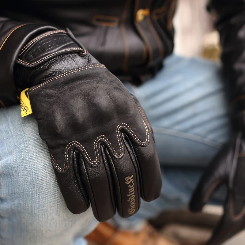 

Retro Motorcycle Riding Gloves Men and Women Four Seasons Cowhide Leather Drop-Resistant Knight Black Brown Equipment Windproof