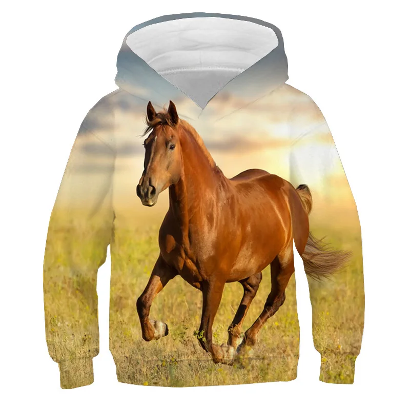 Running Horse Print Hoodies Sweatshirts Autumn Fleece Pullover Boys Girls Tracksuit y2k Sudadera White Horse Hoodie Kids Clothes