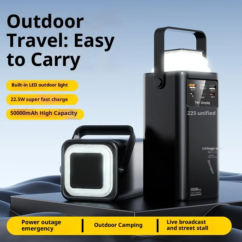 باور بانك بإضاءة خارجية بقدرة 50000 مللي أمبير في الساعة مع كابل مدمج للشحن السريع بقوة 22.5 وات وشاحن محمول طويل العمر