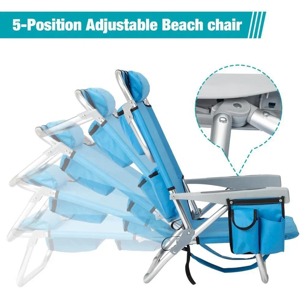 Backpack Beach Camping Chair Folding Heavy Duty Aluminum Cup Holder adjustable back  5 positions Lightweight  Durable pouches