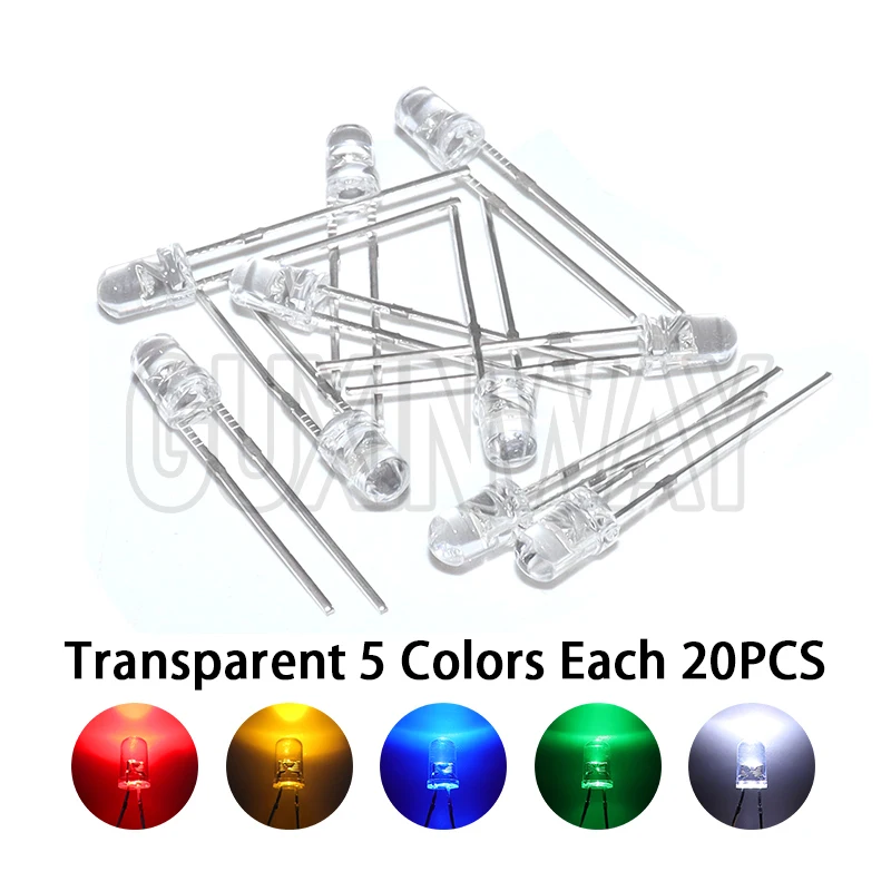 100PCS 3mm LED Diode F3 Assorted Kit White Green Red Blue Yellow Orange Pink Purple Warm White DIY Light Emitting Diode
