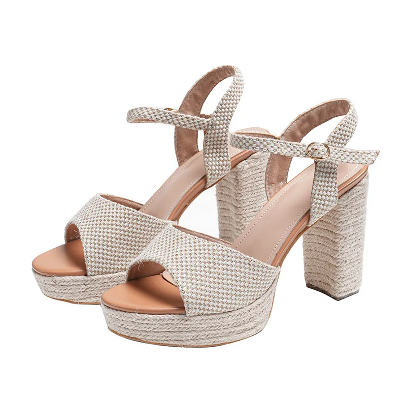 

2026 Women's Platform Heels Summer Woven Open Toe Block Heel Sandals Ankle Strap Buckle Chunky Heeled Sandals for Party Vacation