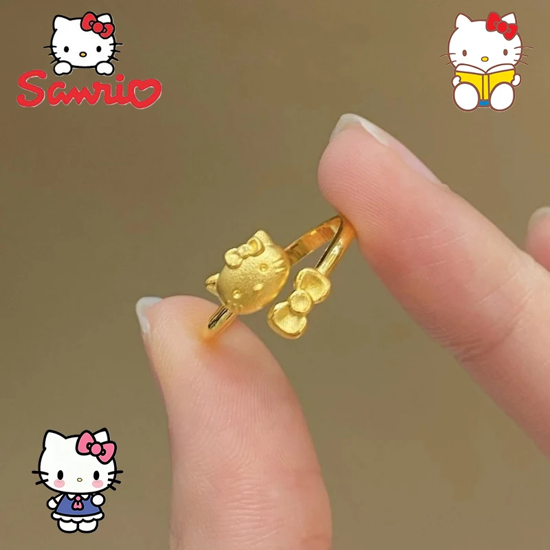 Sanrio Kawaii Gold Hellos Kittys Bow Ring New High Appearance Level Kittys Style Ring Jewelry for Girlfriend's Birthday Present