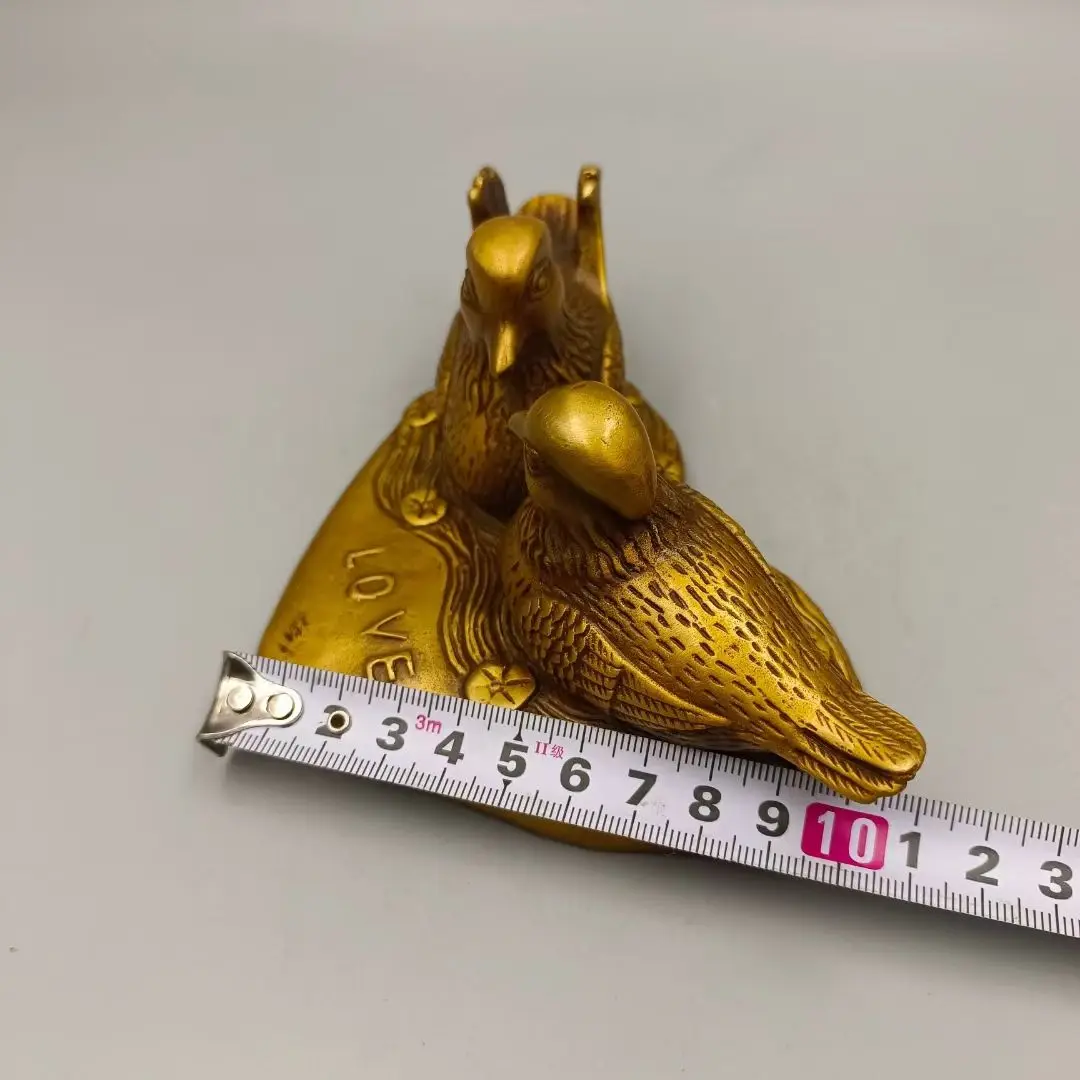 Brass Ornament with Heart, Love & Mandarin Ducks, Auspicious Decor Symbolizing Lifelong Happy Marriage