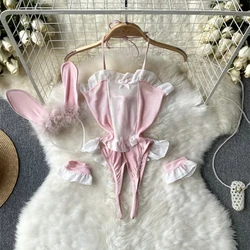 Transparent Patchwork Ruffle Bow Halter Strap Playsuit Sweet Cute Bunny Girl Backless Jumpsuit Sexy Slim Cosplay Pajama Lingerie