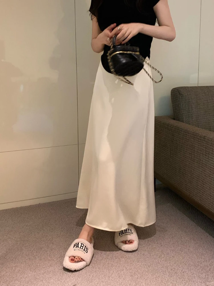 

HOUZHOU Elegant White Satin Skirt Women Summer High Waist Vintage Solid Long Skirts Korean Fashion Streetwear Casual Office Lady