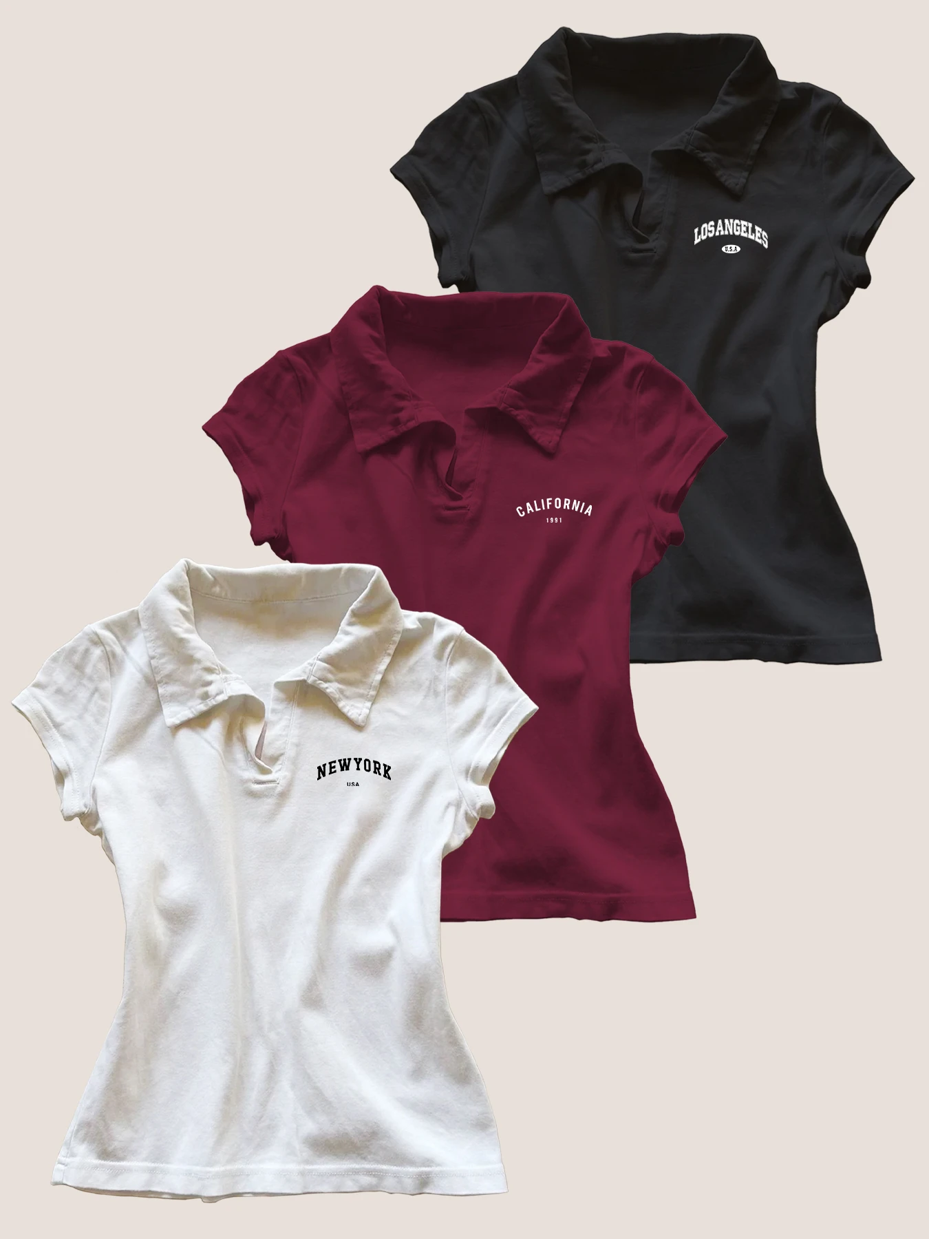 

3PC New American Retro Top Trendy Summer Polo Collar Short Sleeve Slim Shoulder T-shirt for Women