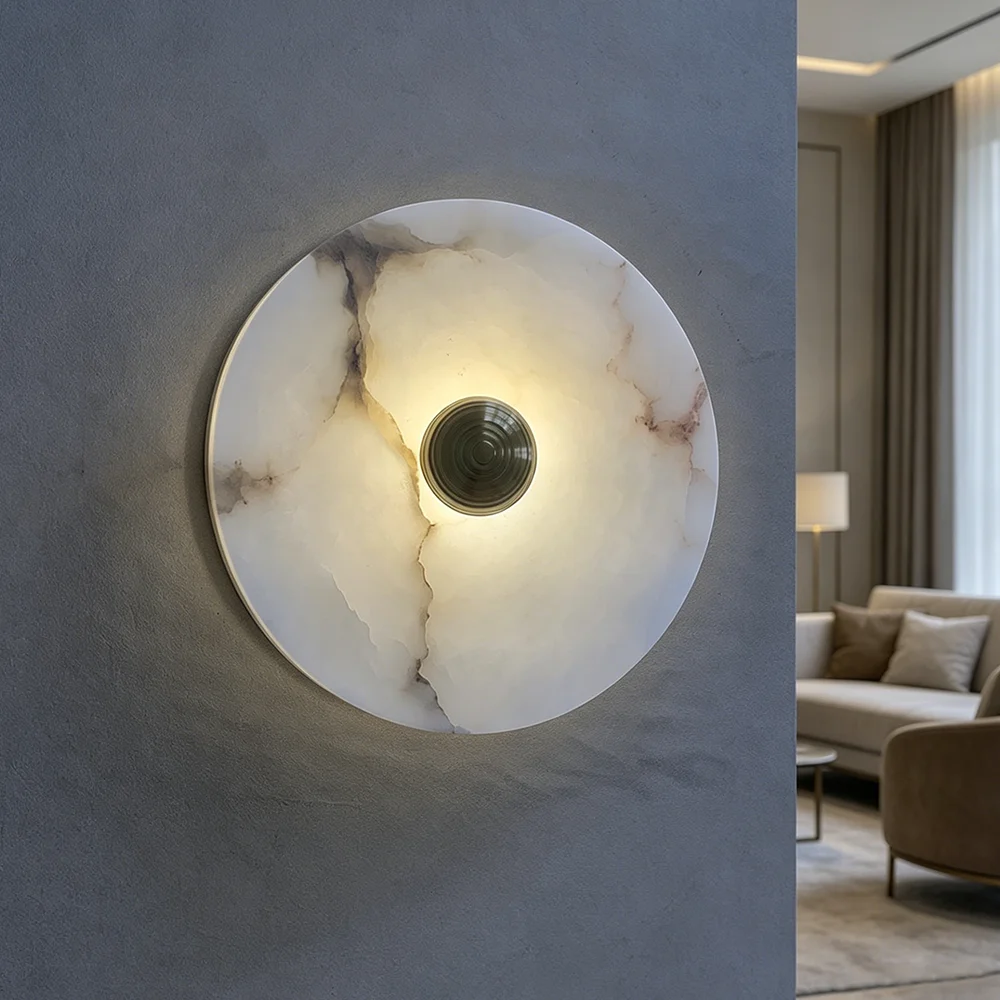 Modern Natural Marble Alabaster LED Wall Sconce Gold Round Wall Lamp for Bedroom Living Room