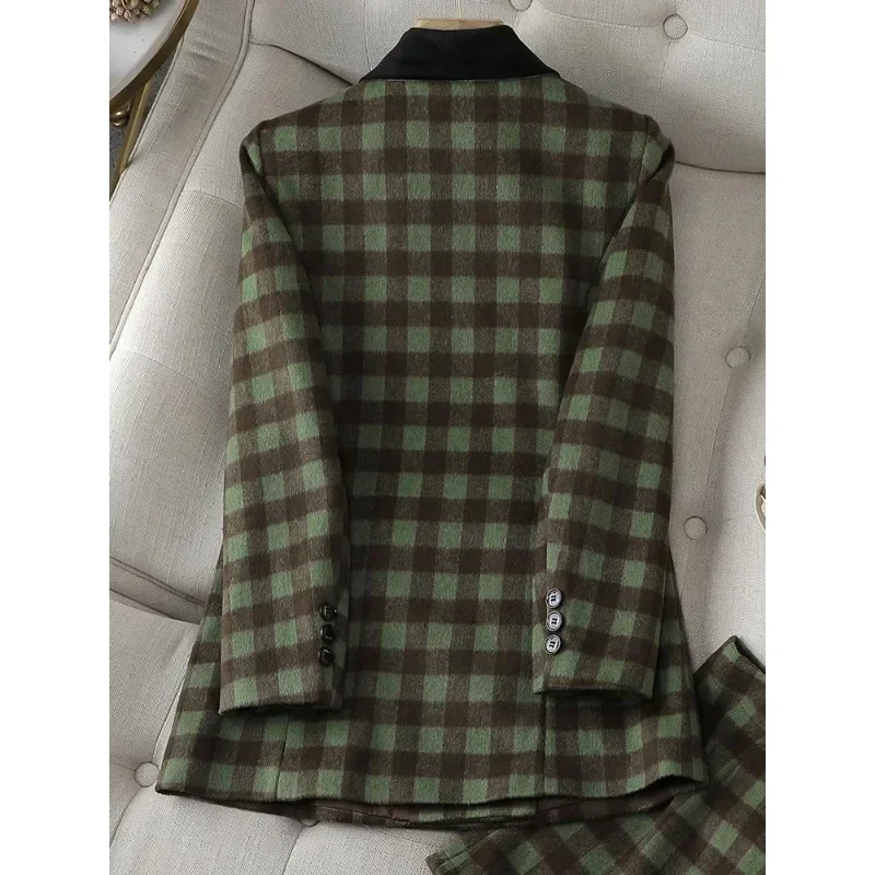 Autumn Winter Thick Loose Blazer Women Green Apricot Plaid Female Long Sleeve Triple Breasted Straight Jacket Coat Ladies