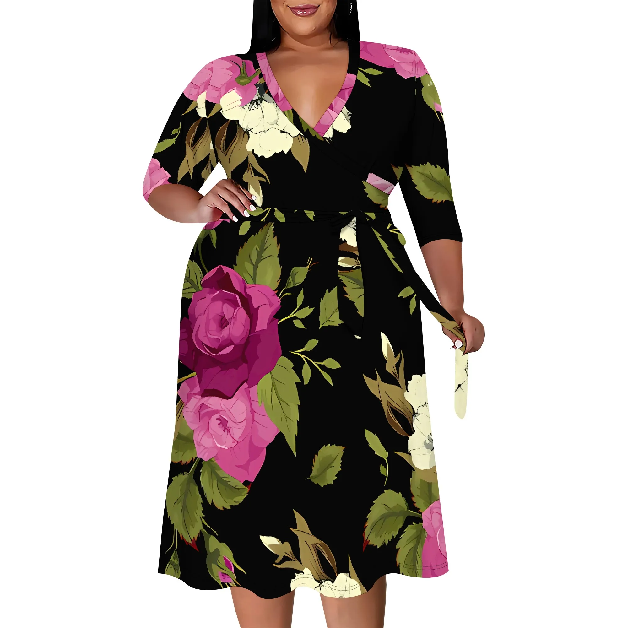 Plus Size Bright Floral Print Wrap Dress V Neck Belted 3/4 Sleeve Summer Midi for Women