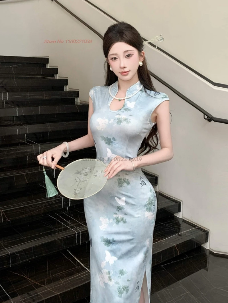 

2026 chinese vintage dress sleeveless cheongsam retro flower print evening dress traditional nightclub qipao sexy dress vestido