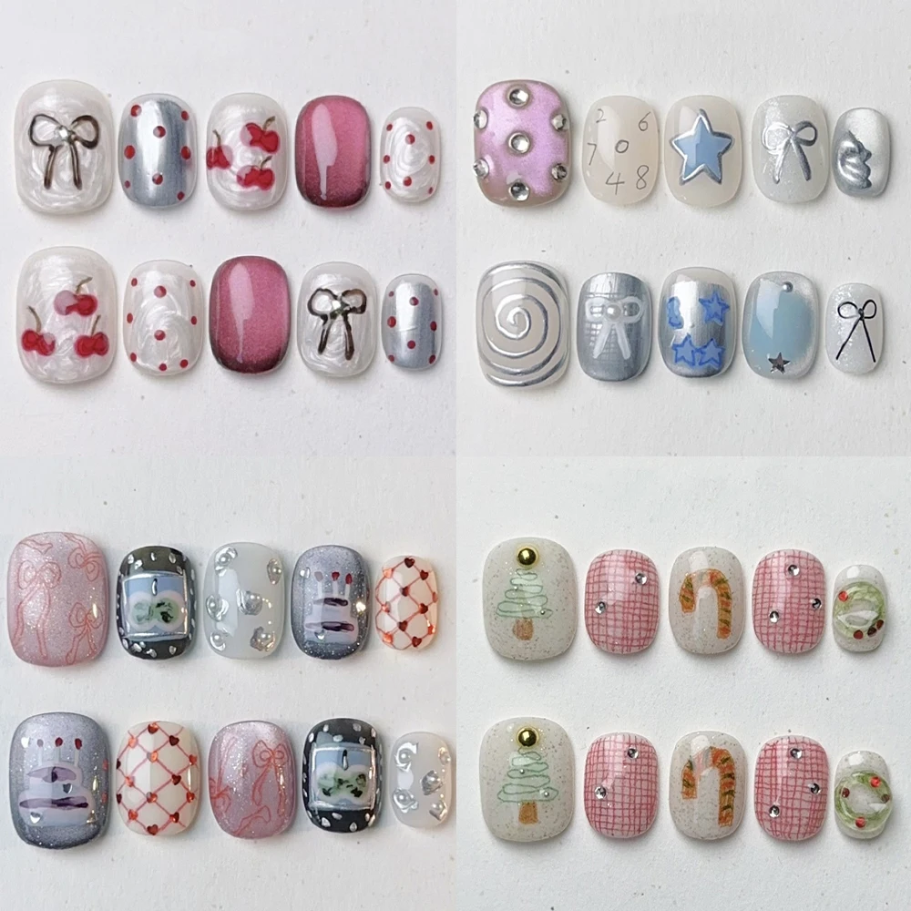 

Kawaii Short Square Round Handmade Wearable Press On Nails Diamond Bowknot Stars Pearl Flower Cherry Snowman Tree False Nails