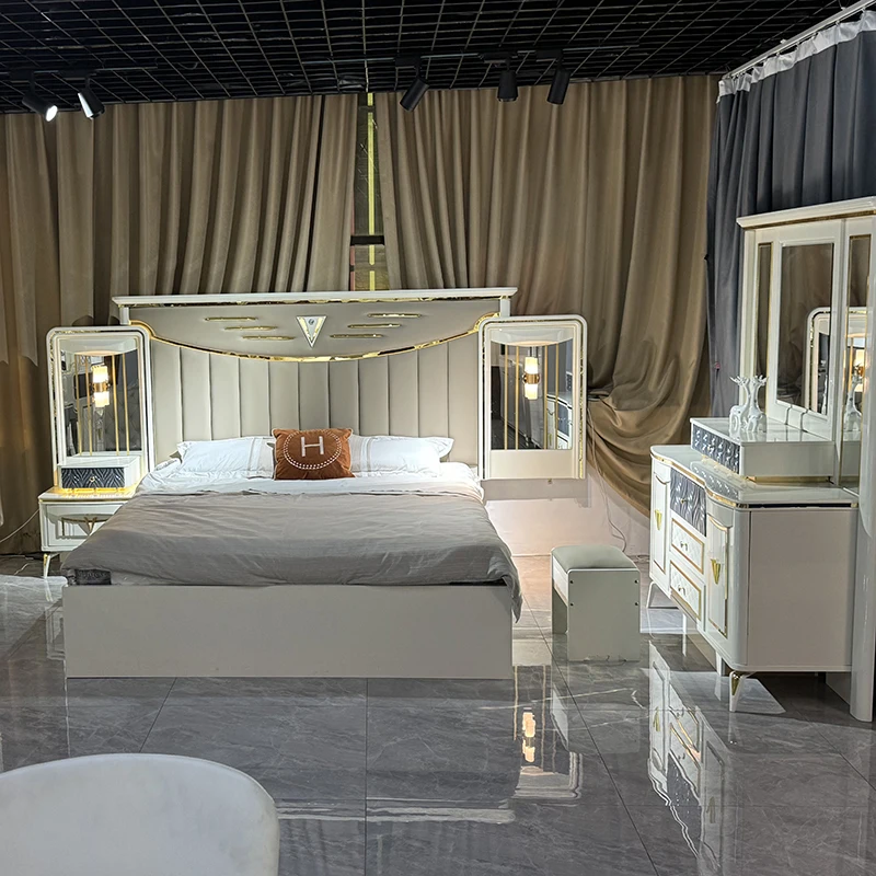 

!@Luxury White Wood Double Leather King Size Bed Home Master Room Modern Wooden Frame Full Bedroom Furniture Set