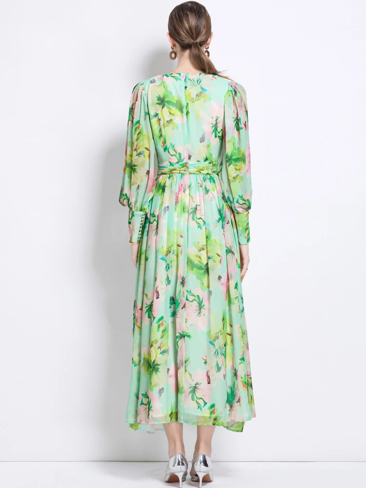 Strand Bloemenprint Maxi Jurk Dames 2025 Nieuwe Elegante V-hals Lange Mouwen Jurken Vouw Hoge Kwaliteit Vestidos INKEO 5D217