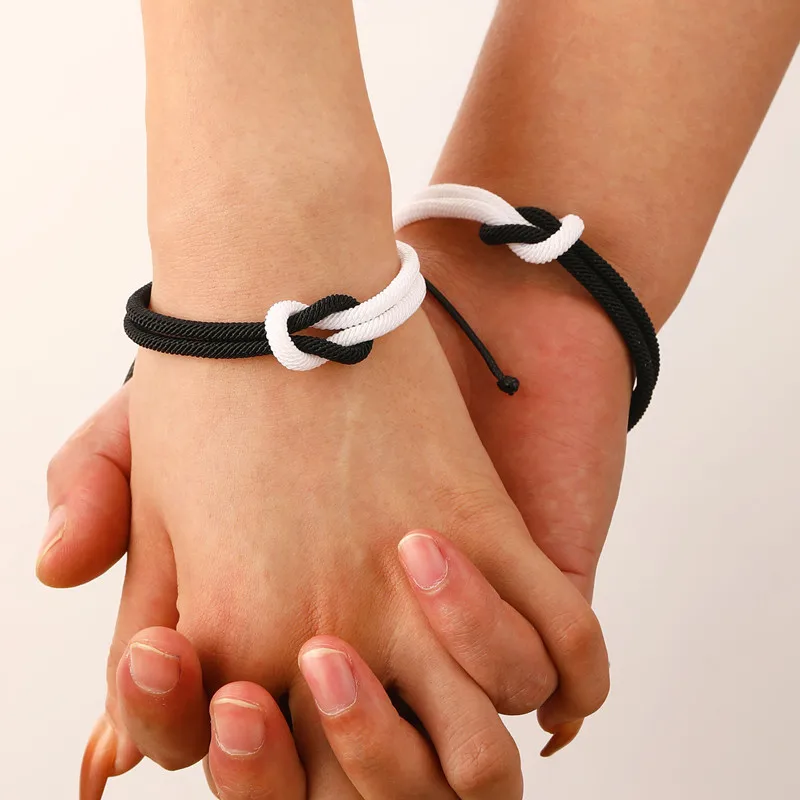 2 Pice Color Black White Hand Rope Love Magnetic Couple Good Friend Good Brother Party Student Travel Fashion Elegant Silver