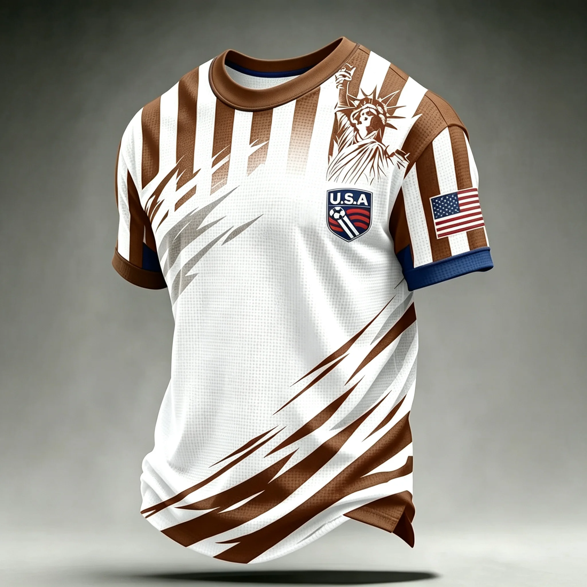Street‑Style USA Fan Soccer Jersey Red‑White Stripe Splice Print Crew Neck Multi‑Color Unisex Stadium Training Tee