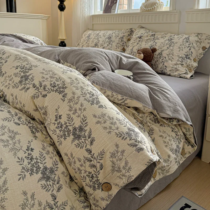 Retro Printed Winter Bedding Set Thickened Cotton Skin-Friendly Buttons Bedclothes Cozy Fitted Sheet Kits with Quilt Cover