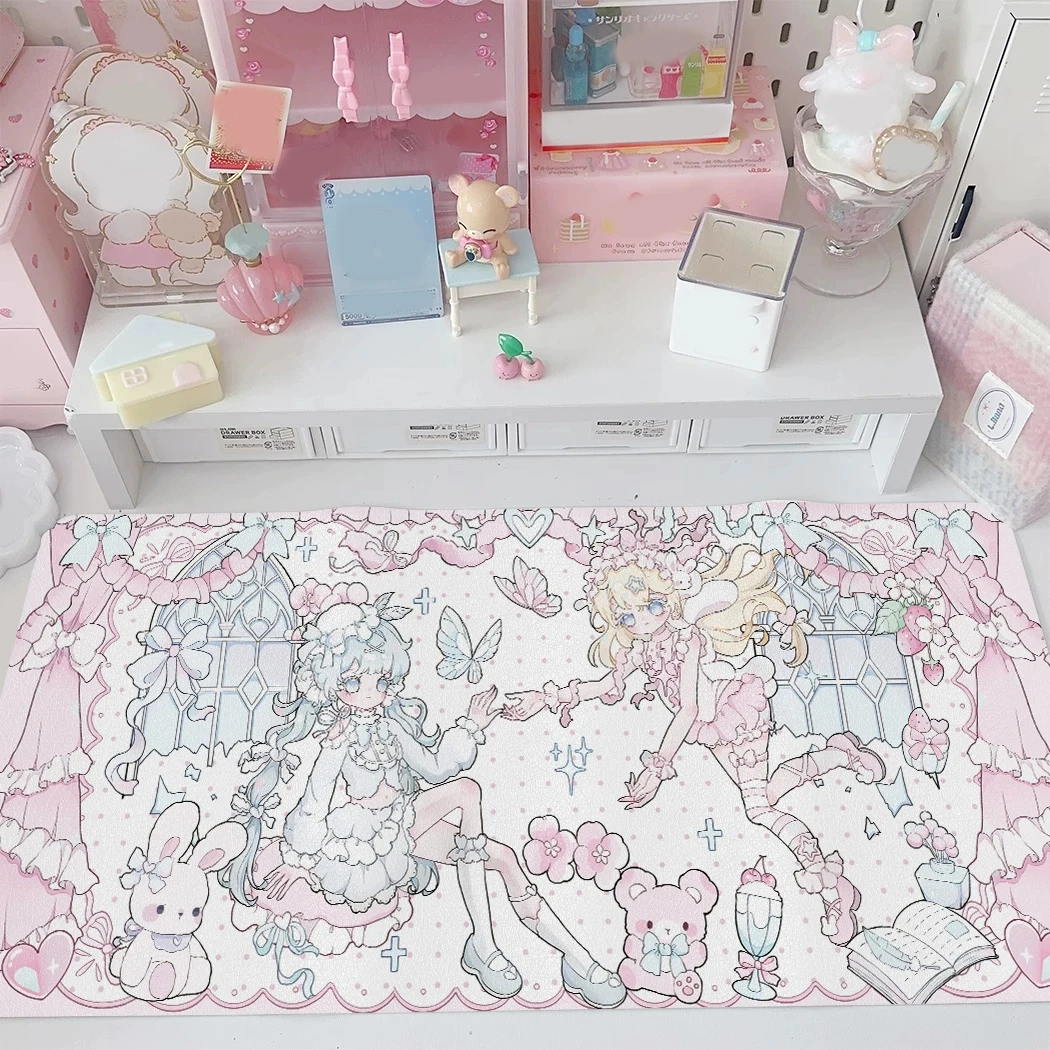 Sweet Candy Pink Kawaii Girl PU Leather Desk Mat | XXL Original Cartoon Mouse Pad for Laptop Office, Waterproof Keyboard Decor