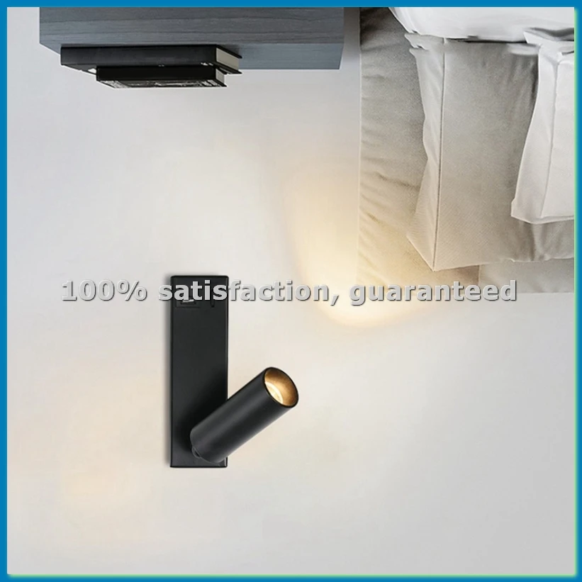 3W LED Wall Lamp Embedded and Rotatable Reading Light USB Focus Light for Bedroom Bedside Study 3000K Black-A10G